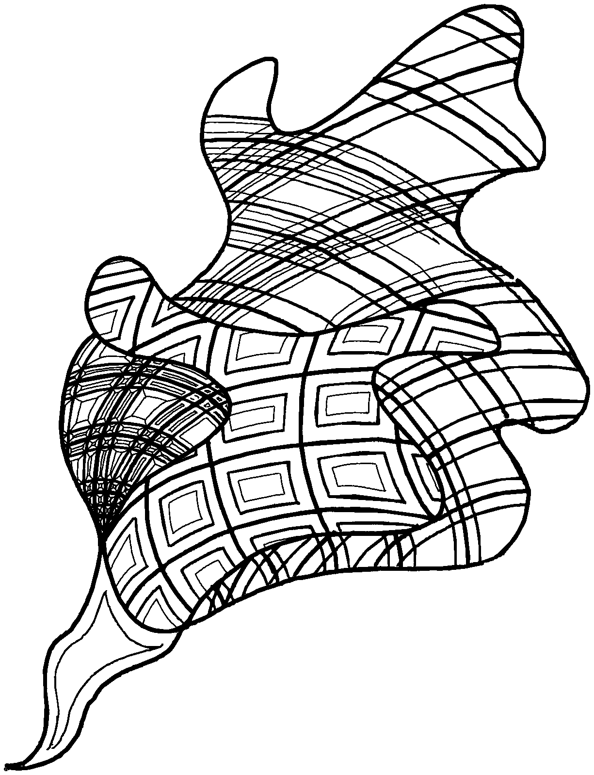 Ink drawing: a flowing form crossing from waves into square lattice