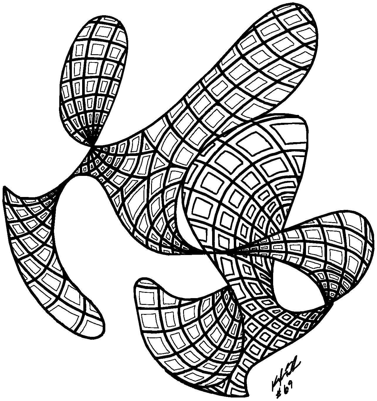 Ink drawing: gridded ribbons curling around an open centre