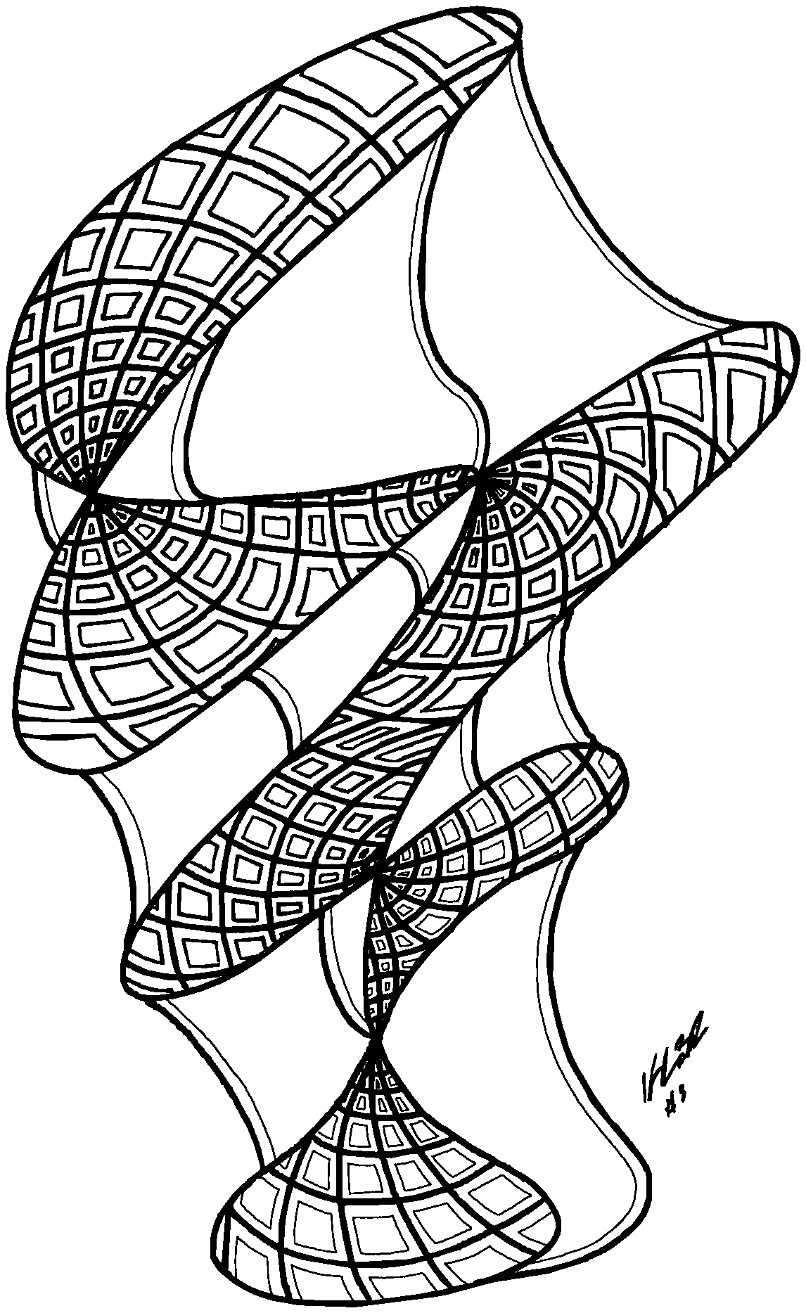 Ink drawing: stacked twisting bands, each shaded a different way