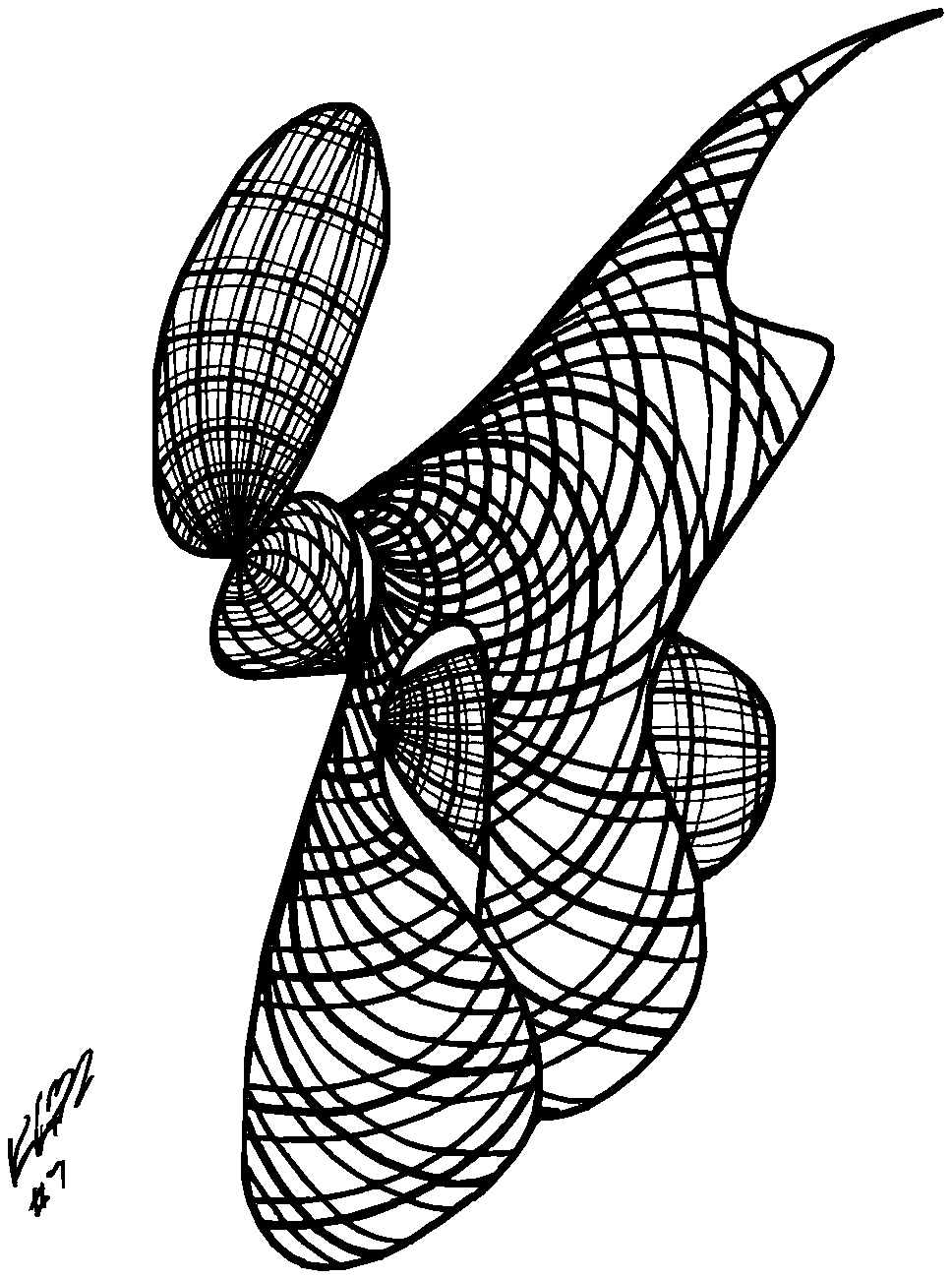 Ink drawing: a winged form built entirely from overlapping wire loops