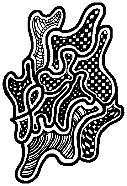 Ink drawing: a maze of thick outlines packed with dots, scales and checks