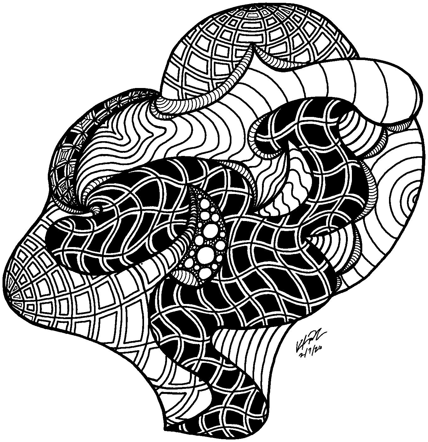 Ink drawing: a dense knot of banded tubes folding through itself