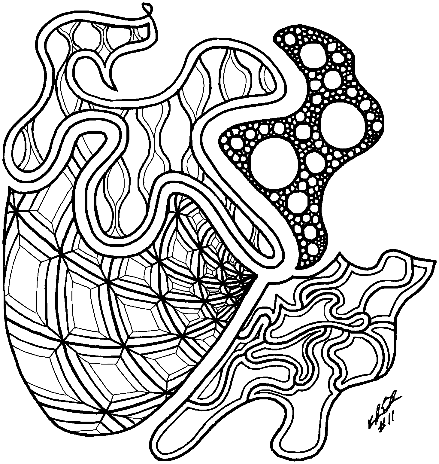 Ink drawing: a knot of tubes wrapped in dotted texture