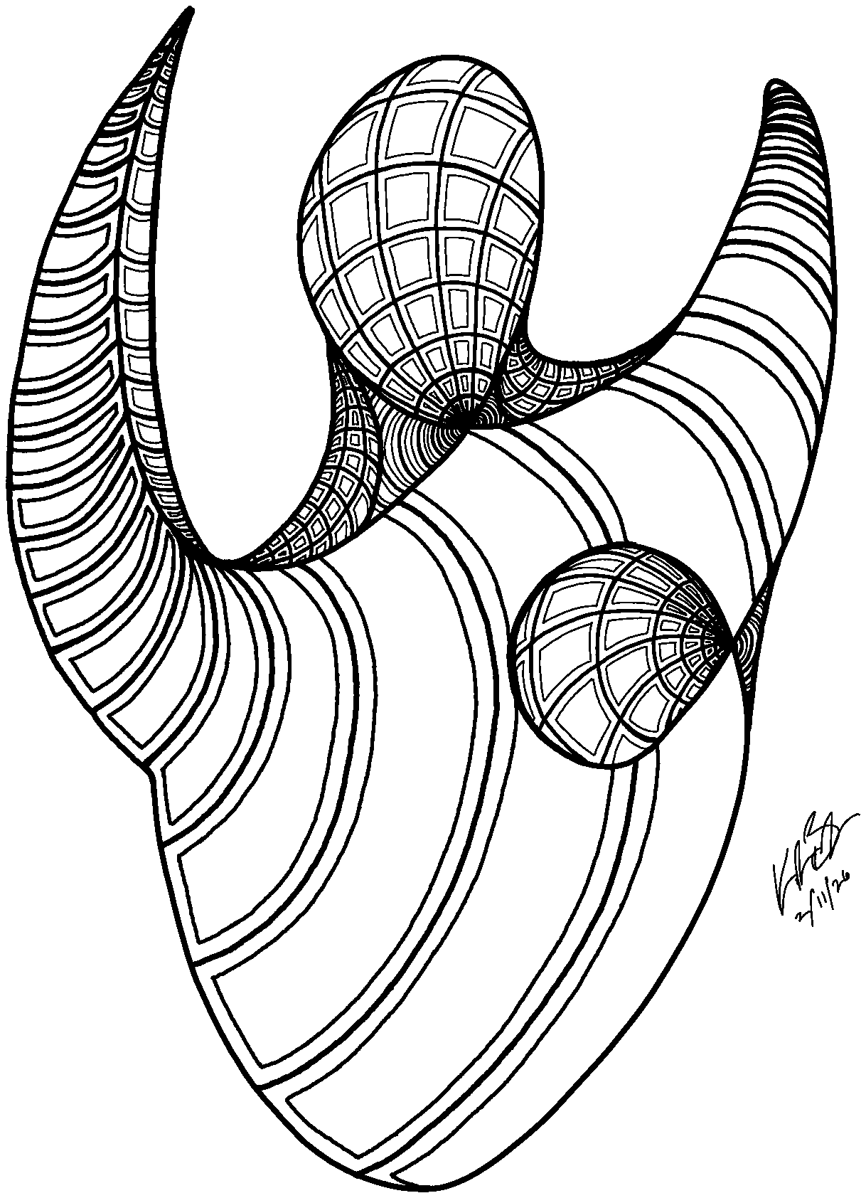 Ink drawing: a horned vessel wrapped in banded shading